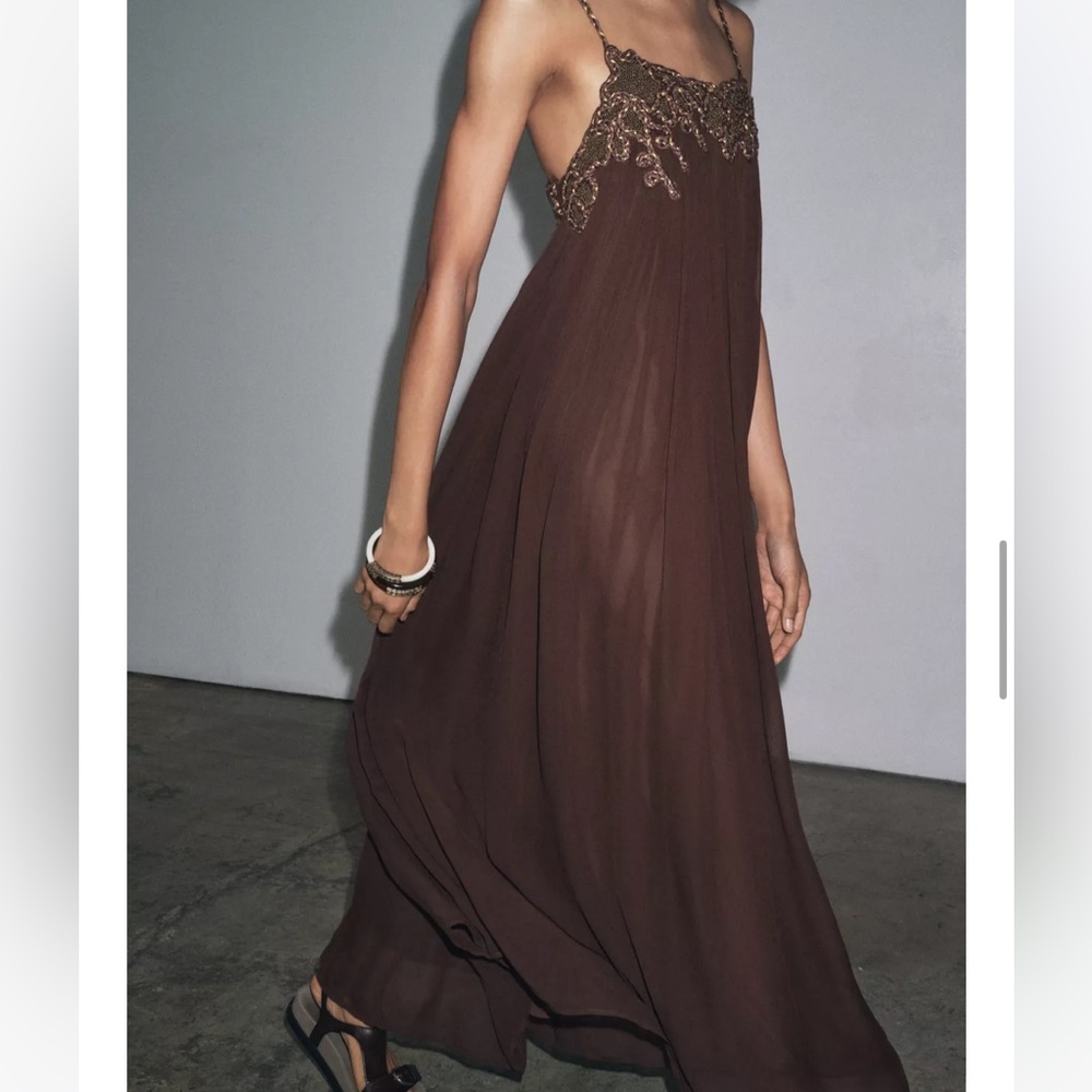 Zara NWT ZW Collection long embroidered dress brown 6895/282 - Picture 9 of 12